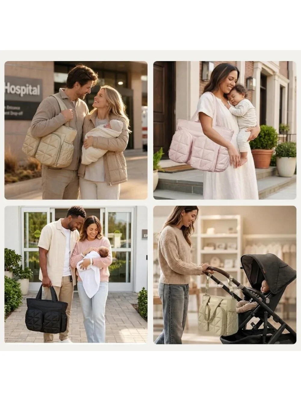 Quilted Puffer Diaper Bag Tote, Lightweight Baby Bag with Insulated Pockets